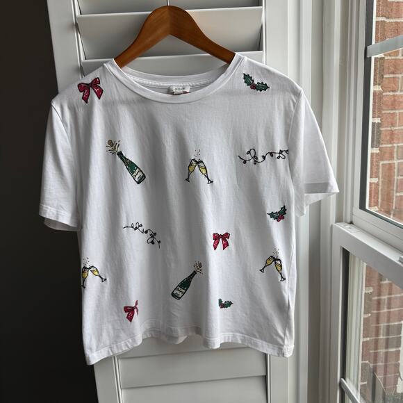 J. CREW Embroidered Party Tee Womens Small White Embellished Cheers Holiday Boxy - Picture 14 of 14